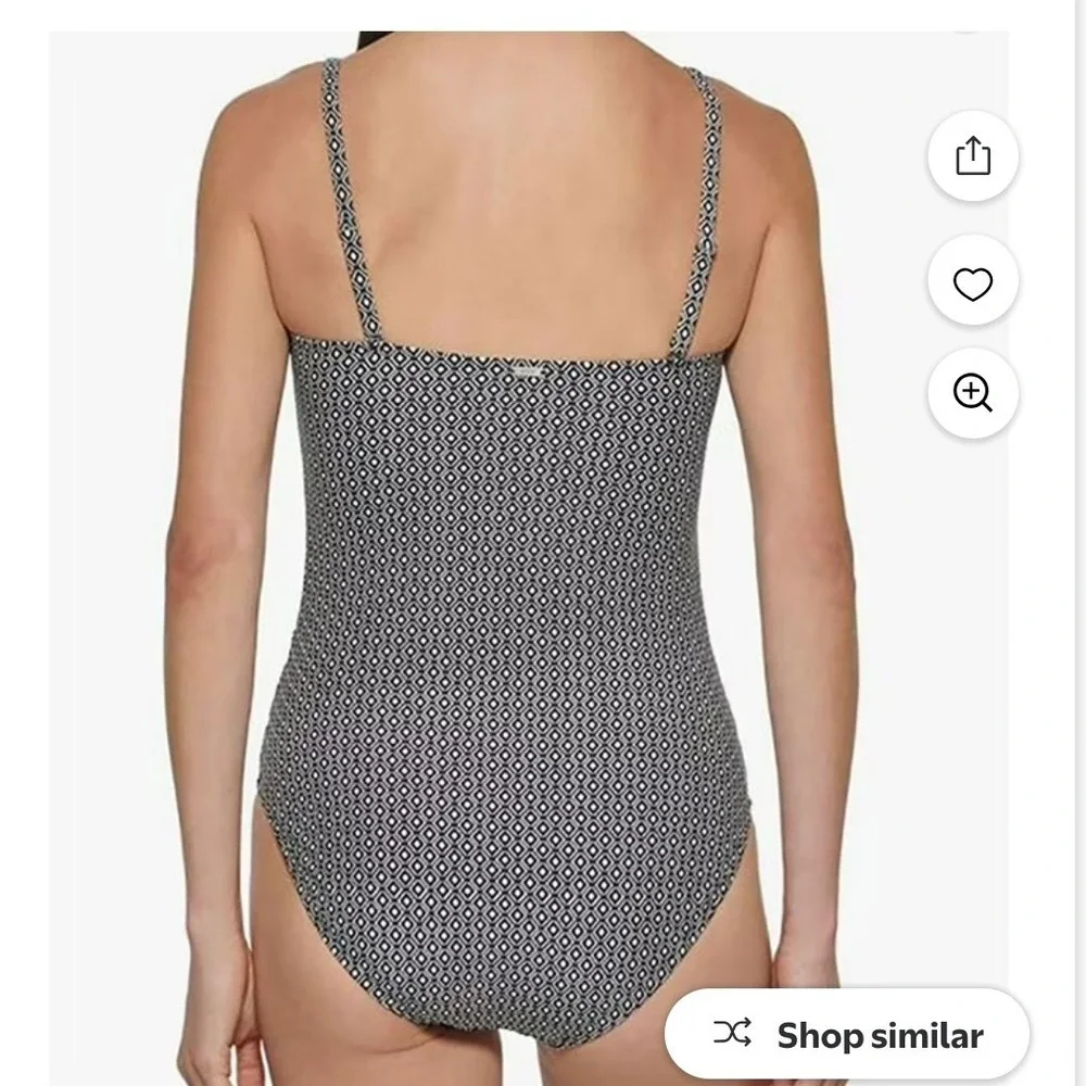 DKNY Womens Geometric Diamond Print One Piece Swimsuit Black White Small - Picture 10 of 10